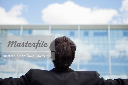 Businessman with arms outstretched, rear view