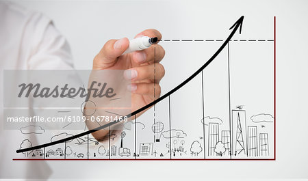 Businessman drawing graph over town doodle