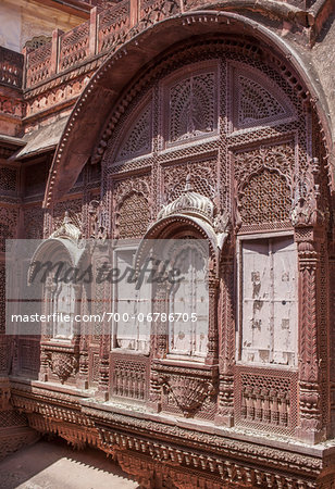 Detail of Architecture in Courtyard of Meharangarh Fort, Old Quarter of Jodhpur, Rajasthan, India