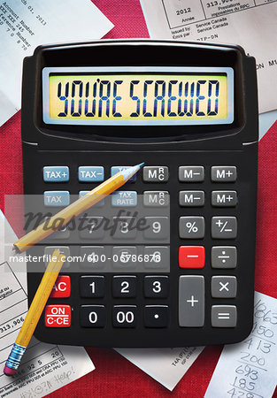 view of calculator with broken pencil and tax forms