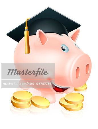Cartoon education piggy bank with mortar board graduation hat on and gold coins. Concept for saving money for an education or schooling or college finances etc.