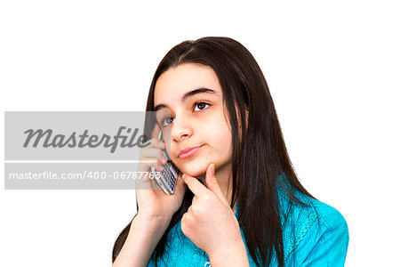 Bored teenage girl talking to smart phone on white background