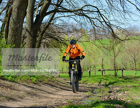 Cyclist Riding the Bike on the Trail in the Beautiful Spring Forest