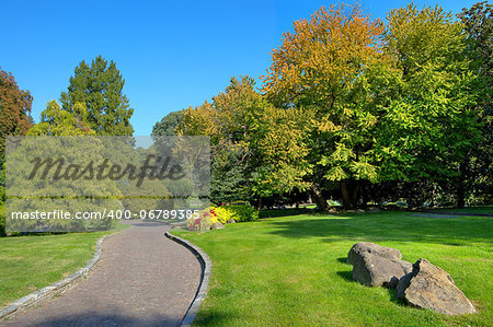 Narrow walkway among green lawns and trees under clear blue sky at botanical part of famous Valentino Park in Turin, Italy.