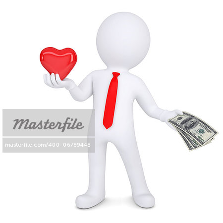 3d man changes heart on money. Isolated render on a white background