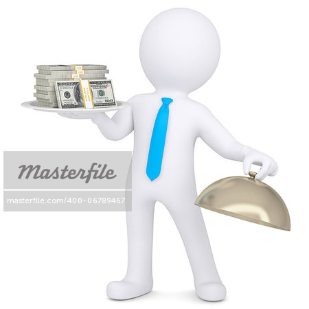 3d man holding a pile of money on a platter. Isolated render on a white background