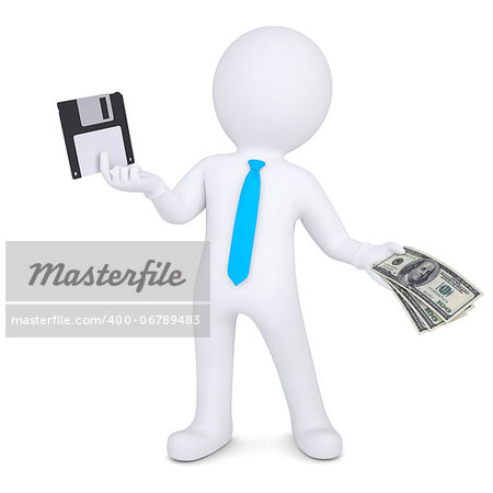 3d man changes the floppy disk on the money. Isolated render on a white background