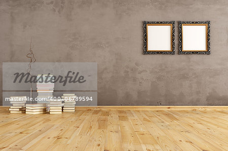 Empty interior with books on a wooden floor against a grunge wall