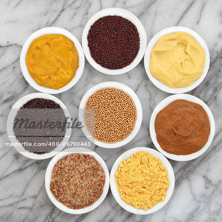 Mustard selection of powder, seed, french, dijon, english and wholegrain in white porcelain spoons over marble background.