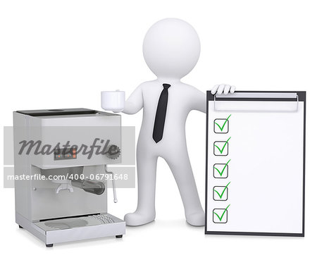 3d white man with a coffee machine and a checklist. Isolated render on a white background