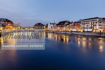 Illuminated Cityhall and Limmat River Bank in the Evening, Zurich, Switzerland