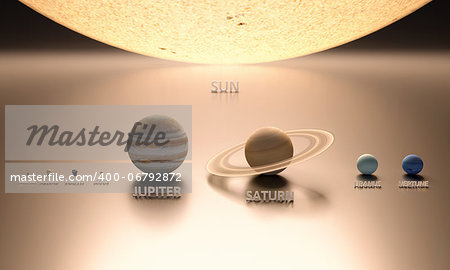 A rendered comparison of the Sun and the Planets Mercury, Venus, Earth, Mars, Jupiter, Saturn, Uranus and Neptune with captions.