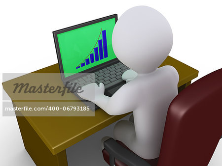 3d person sitting on a chair behind a desk is looking at laptop