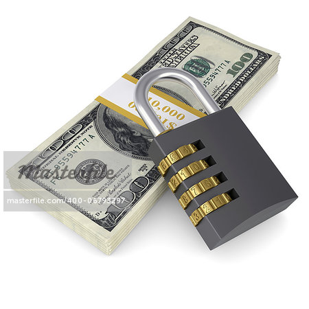 Combination lock on a pack of dollars. Isolated render on a white background