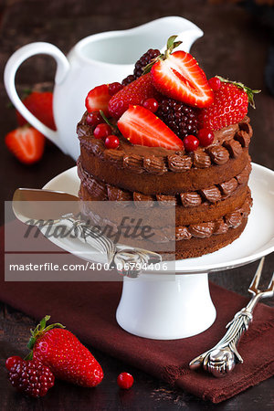 Delicious chocolate cake with cream and berries on a cake stand.