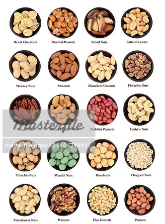 Large nut selection in wooden bowls with titles over white background. Not a composite.