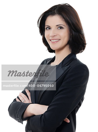 one beautiful smiling caucasian business woman portrait arms crossed in studio isolated on white background