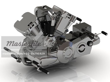 Engine of motorcycle from the sparkling chrome on white background