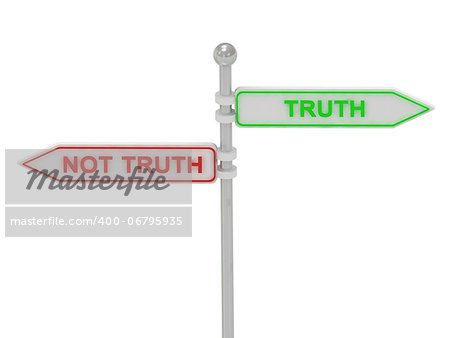 Signs with red "NOT TRUTH" and green "TRUTH" pointing in opposite directions, Isolated on white background, 3d rendering