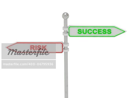 Signs with red "RISK" and green "SUCCESS" pointing in opposite directions, Isolated on white background, 3d rendering