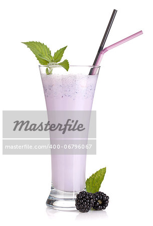 Blackberry milk smoothie with mint and drinking straws. Isolated on white background