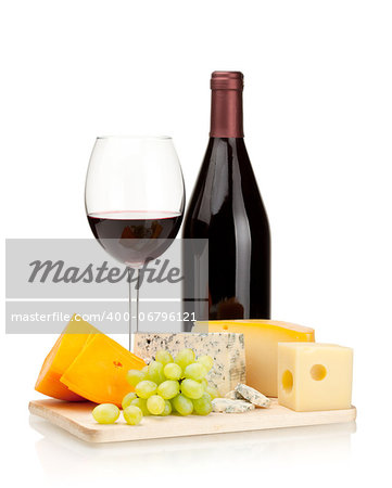 Red wine, cheese and grapes. Isolated on white