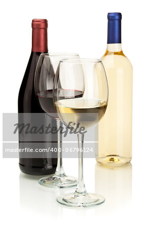 White and red wine in glasses. Isolated on white