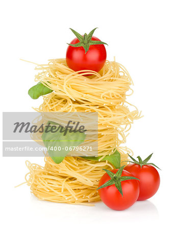 Italian pasta, tomatoes and basil. Isolated on white background