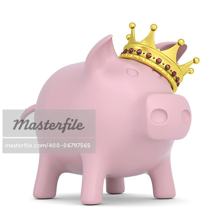 Crown on the piggy bank. Isolated render on a white background