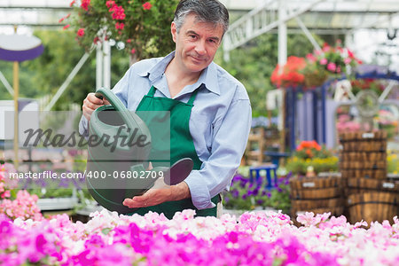 Florist watering flowers with watering can