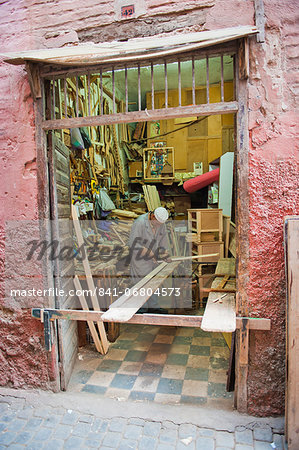 Carpenter in his workshop in the souk of Marrakech, Morocco, North Africa, Africa