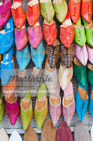 Colourful babouche for sale in thesouks in the old Medina, Place Djemaa El Fna, Marrakech, Morocco, North Africa, Africa