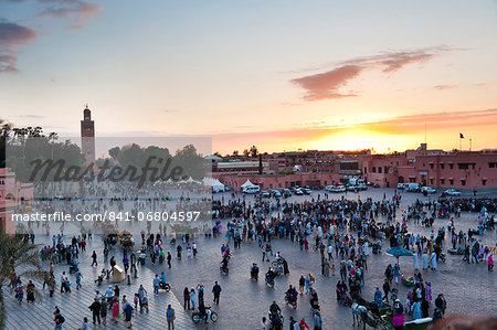 Place Djemaa El Fna and Koutoubia Mosque at sunset, Marrakech, Morocco, North Africa, Africa