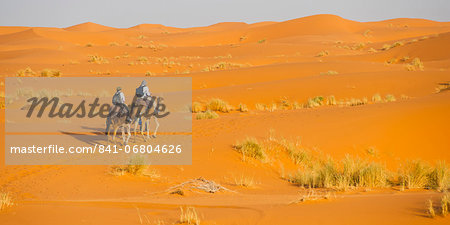 Tourist couple on a camel ride in Erg Chebbi Desert, Sahara Desert near Merzouga, Morocco, North Africa, Africa