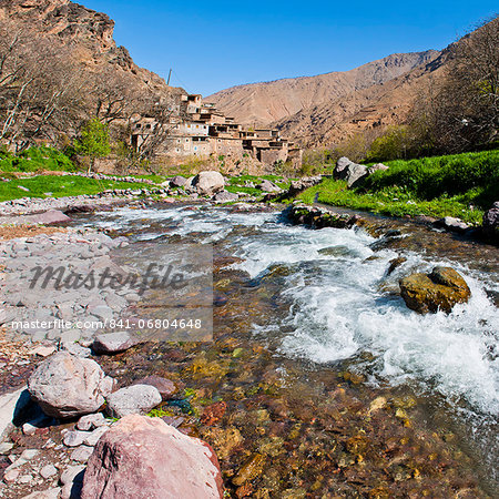 River running past Tizi n Tamatert and a Berber village, High Atlas Mountains, Morocco, North Africa, Africa