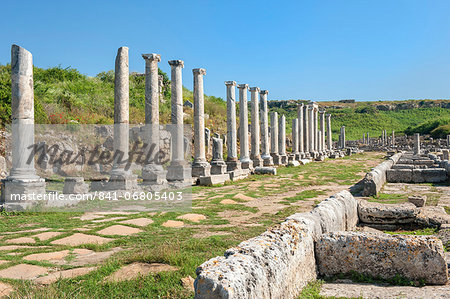 Columned street leading to the Nymphaeum (Fountain), Perge, Antalya, Anatolia, Turkey, Asia Minor, Eurasia