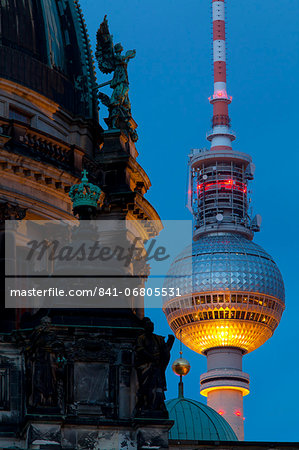 Close-up of the Berliner Dom (Cathedral) with the Television Tower in the background at night, Berlin, Germany, Europe Close-up of the Berliner Dom (Cathedral) with the Television Tower in the background at night, Berlin, Germany, Europe