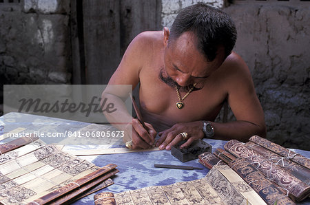 Man writing lontar manuscripts, Bali, Indonesia, Southeast Asia, Asia