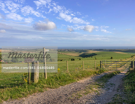 View from the South Downs Way footpath with Brighton in the distance, Sussex, England, United Kingdom, Europe