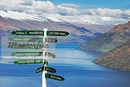 All directions sign post, Queenstown, Otago, South Island, New Zealand, Pacific