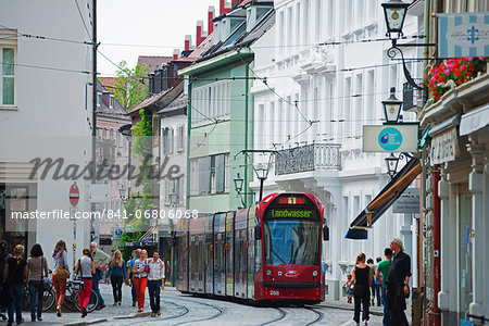 Tram in old town Freiburg, Baden-Wurttemberg, Germany, Europe