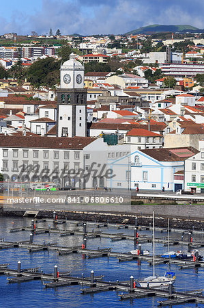 Main Church clock tower, Ponta Delgada City, Sao Miguel Island, Azores, Portugal, Atlantic, Europe