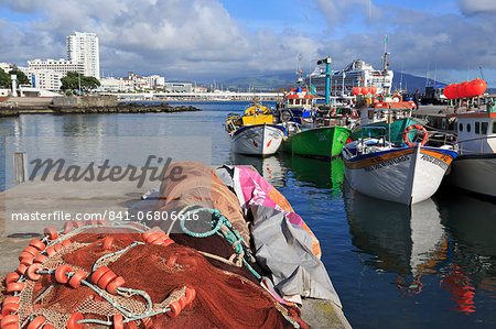 Fishing boats in harbour, Ponta Delgada Port, Sao Miguel Island, Azores, Portugal, Atlantic, Europe