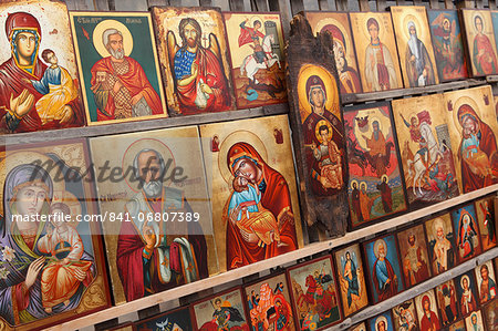 Greek Orthodox icons offered for sale outside the Alexander Nevsky Cathedral, Sofia, Bulgaria, Europe