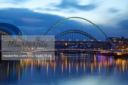 Gateshead Quays with Sage Gateshead and Millennium Bridge at night, Tyne and Wear, England, United Kingdom, Europe