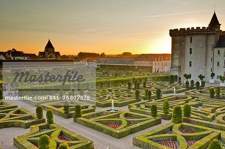 The Chateau de Villandry and its gardens at sunset, UNESCO World Heritage Site, Indre-et-Loire, Loire Valley, France, Europe