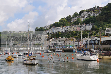 Sailing yachts, pleasure boats and fishing boats moored in Looe harbour, Cornwall, England, United Kingdom, Europe