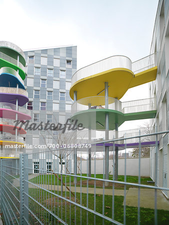 Contemporary Block Apartments with Colorful Patios, Paris, France