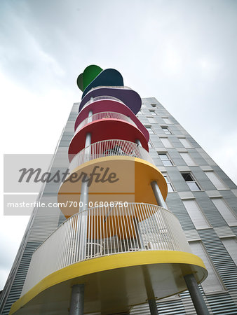 Low Angle View of Contemporary Block Apartments with Colorful Balconies, Paris, France