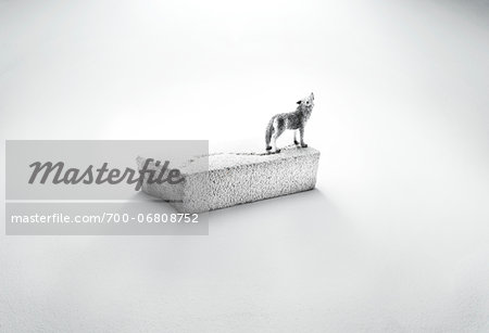 wolf figurine on ice floe in cinder block